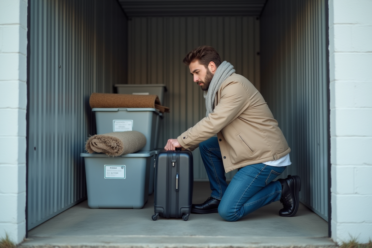Jeune homme organisant un espace de stockage intérieur
