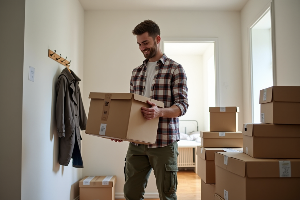 Jeune homme scellant une boîte de livres avec du ruban adhésif