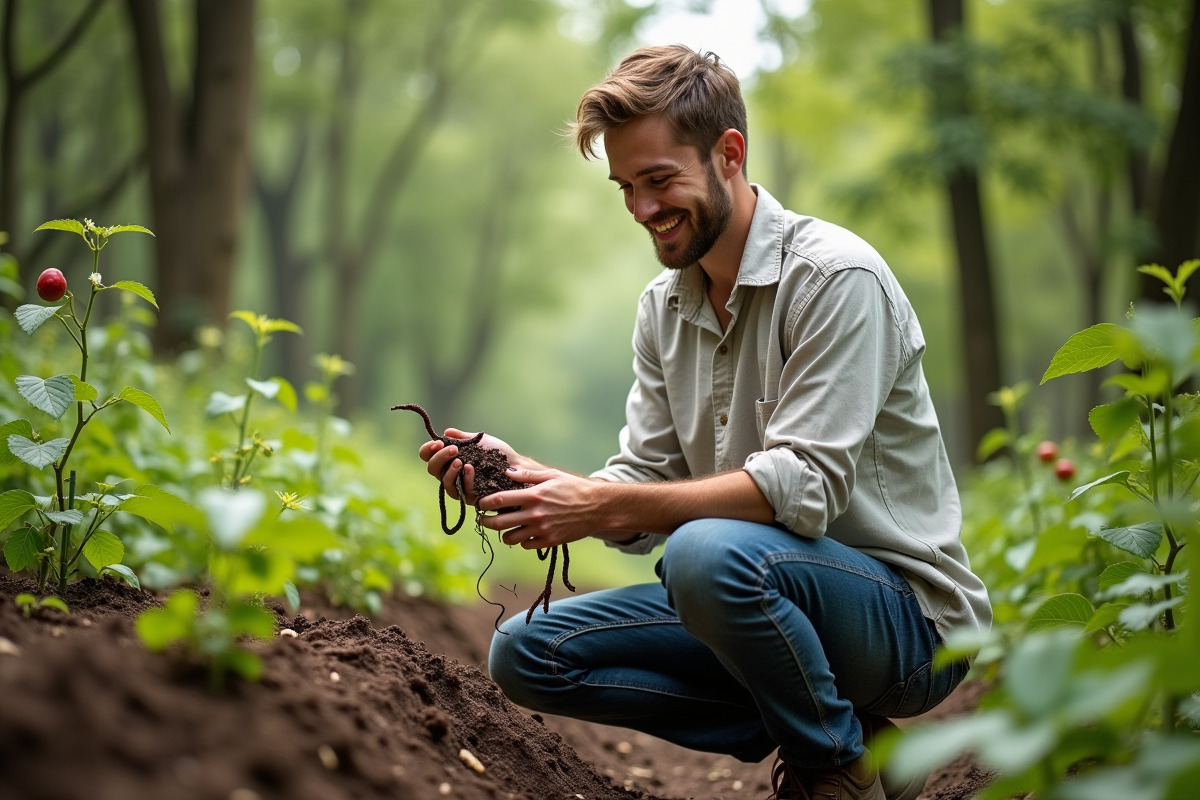 Jeune homme examinant des vers de terre dans un jardin forestier