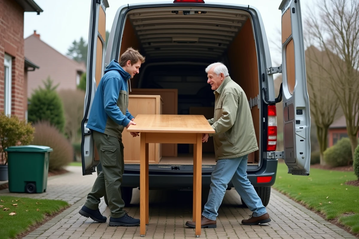 Jeunes aidant à décharger des meubles devant une maison