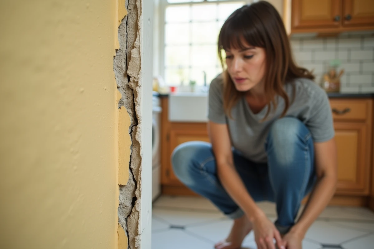 Joint acrylique fissuré et décollé sur un mur peint en jaune pâle dans une cuisine domestique, illustrant une erreur de pose