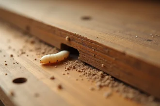 Larve de mite du bois émergeant d'un trou de sortie sur une étagère en bois avec de la sciure fine visible