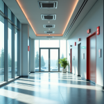 Hall d'entrée moderne avec alarmes incendie et sorties de secours