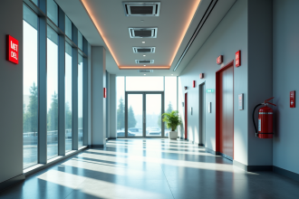 Hall d'entrée moderne avec alarmes incendie et sorties de secours