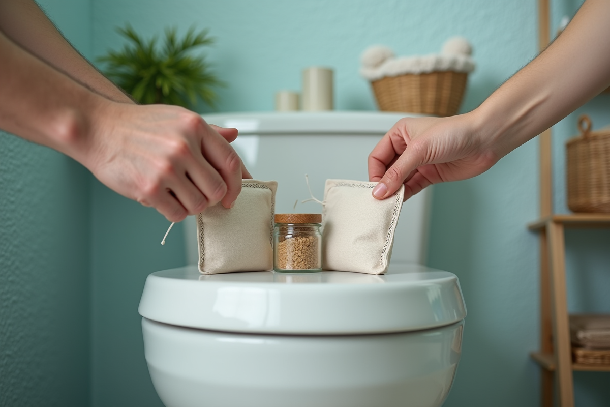 Mains d homme et femme disposant sachets parfumés dans la salle de bain