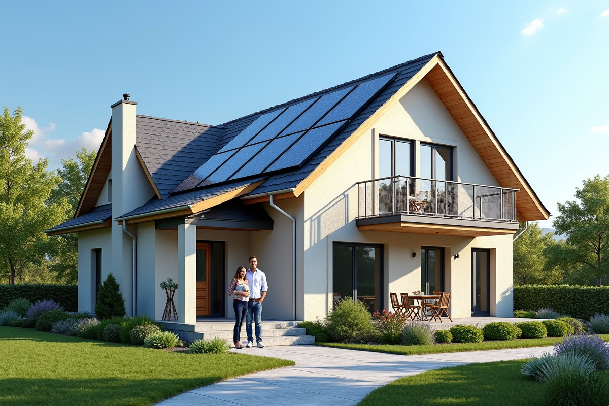 Maison avec panneaux solaires et famille devant sous ciel bleu