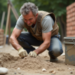 Maçon moyenâgeux mesurant du sable sur un chantier