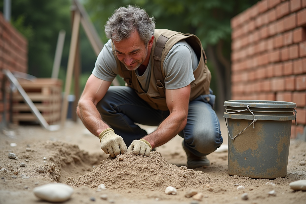 Maçon moyenâgeux mesurant du sable sur un chantier