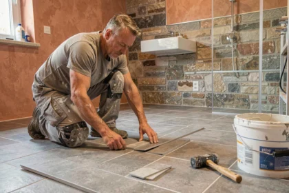 Carreleur professionnel posant du carrelage dans une salle de bain moderne en Isère