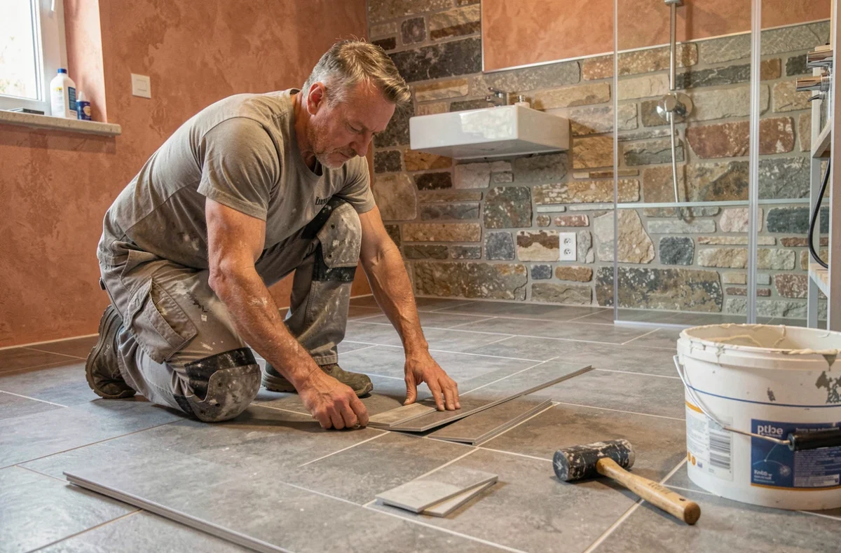 Carreleur professionnel posant du carrelage dans une salle de bain moderne en Isère