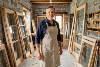Menuisier expérimenté dans son atelier de la Loire entouré de fenêtres et portes en bois artisanales