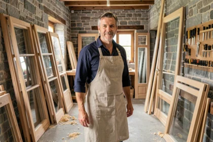 Menuisier expérimenté dans son atelier de la Loire entouré de fenêtres et portes en bois artisanales