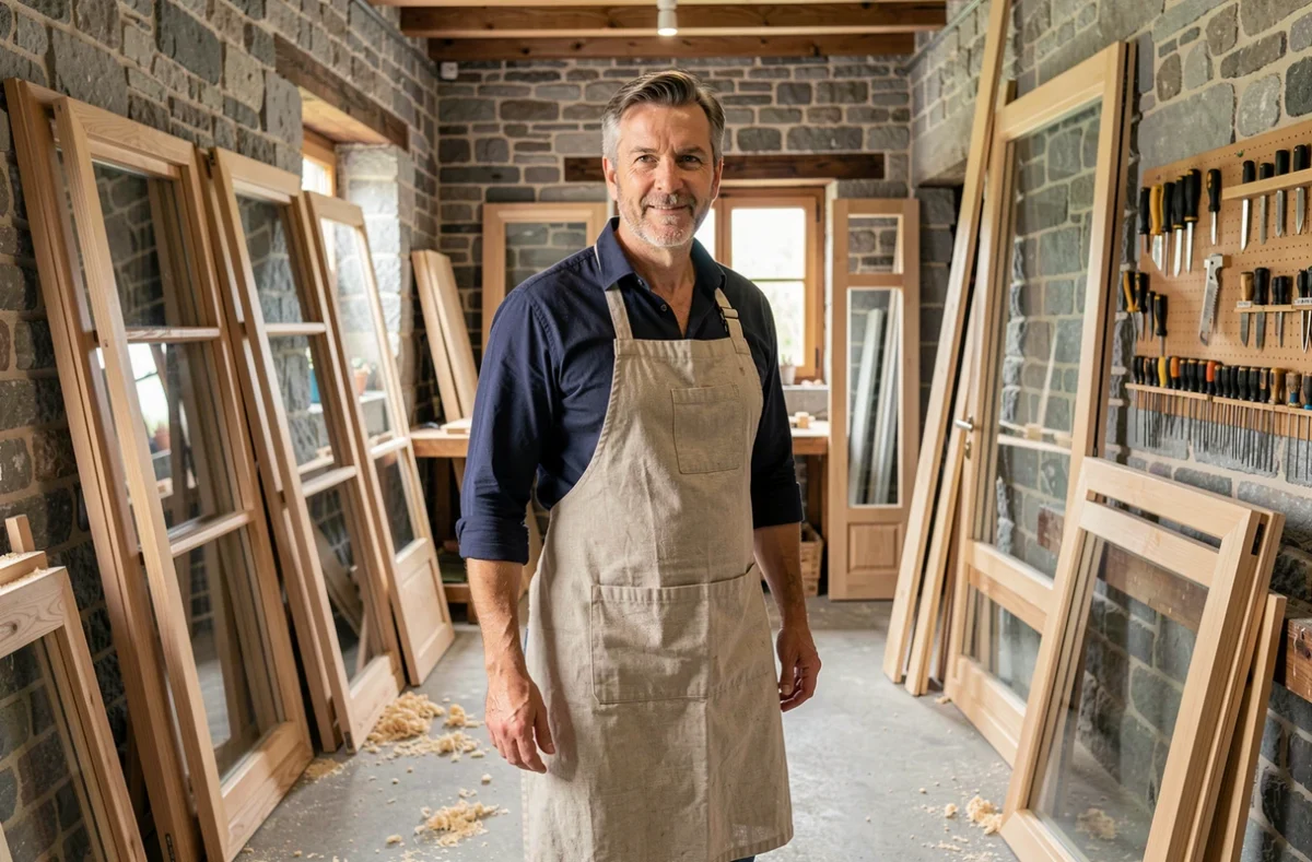 Menuisier expérimenté dans son atelier de la Loire entouré de fenêtres et portes en bois artisanales