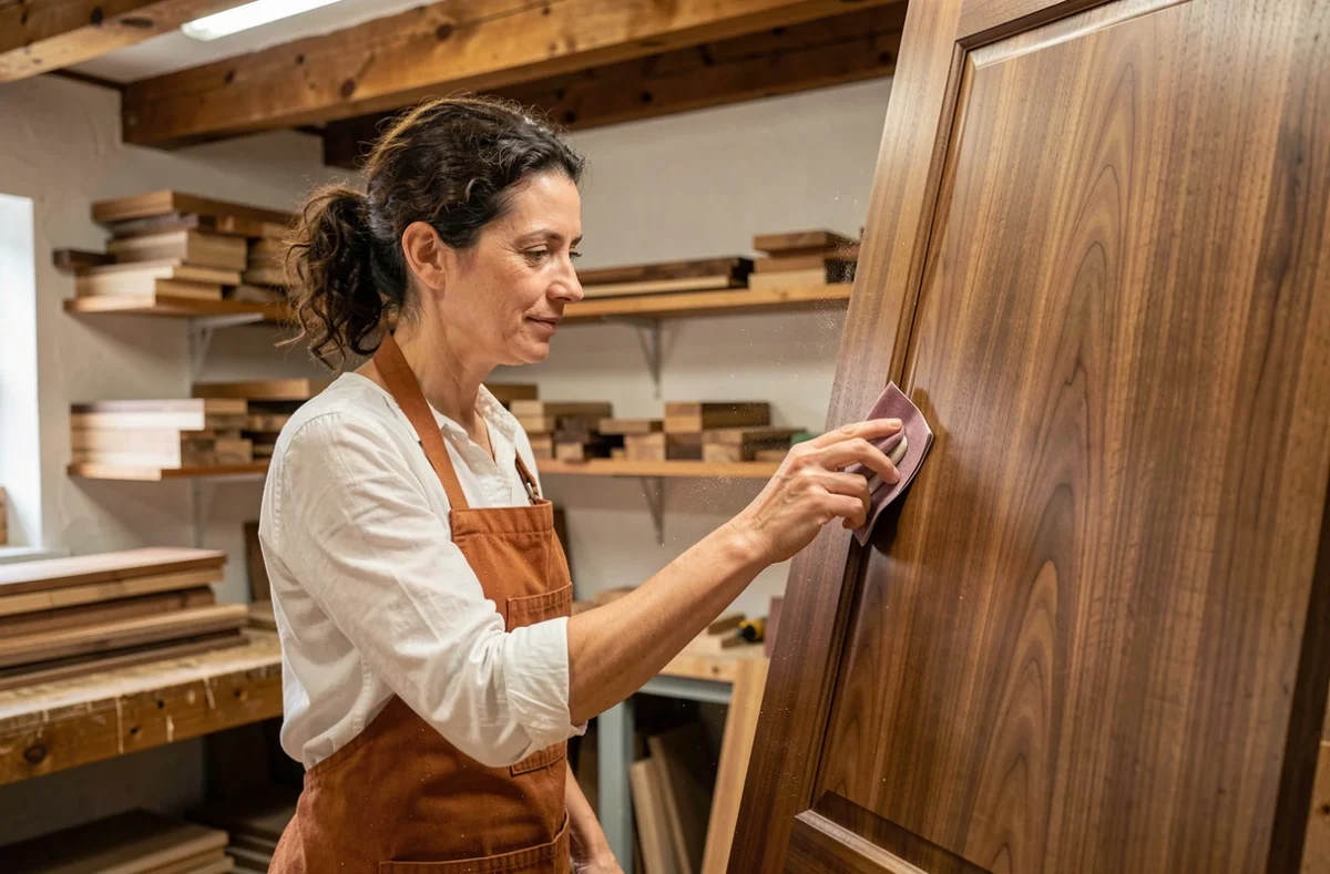 Artisane de Menuiserie Clément ponçant à la main un panneau de porte en noyer dans un atelier familial