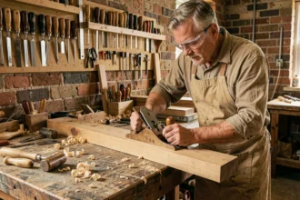 Menuisier utilisant un rabot manuel traditionnel sur un établi en bois dans un atelier artisanal