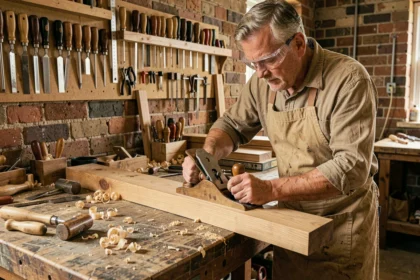 Menuisier utilisant un rabot manuel traditionnel sur un établi en bois dans un atelier artisanal