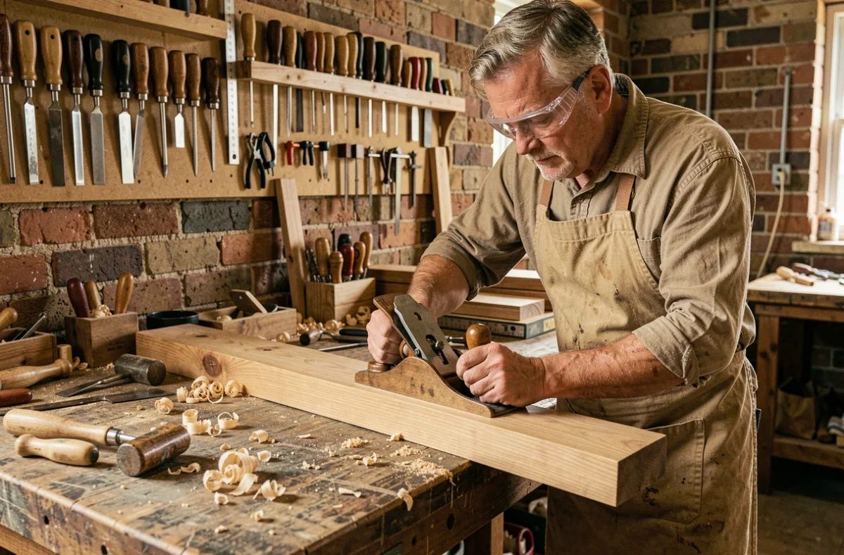 Menuisier utilisant un rabot manuel traditionnel sur un établi en bois dans un atelier artisanal
