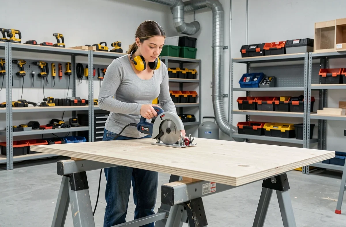 Femme menuisière utilisant une scie circulaire électroportative dans un atelier moderne et équipé
