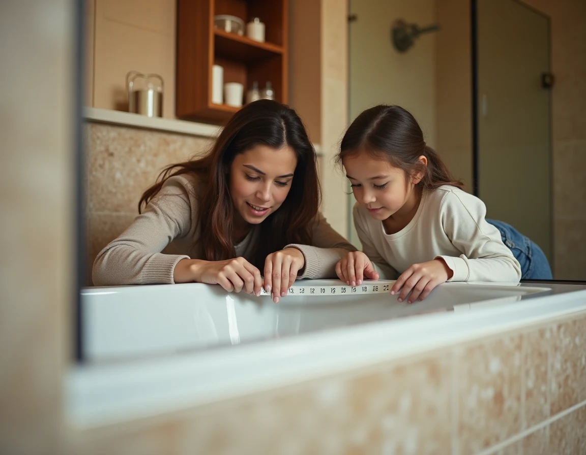 Mère et enfant mesurant la contenance intérieure d'une baignoire familiale dans une salle de bain chaleureuse