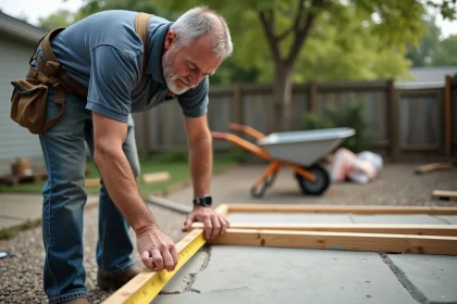 Homme mesurant une forme en bois pour un patio extérieur
