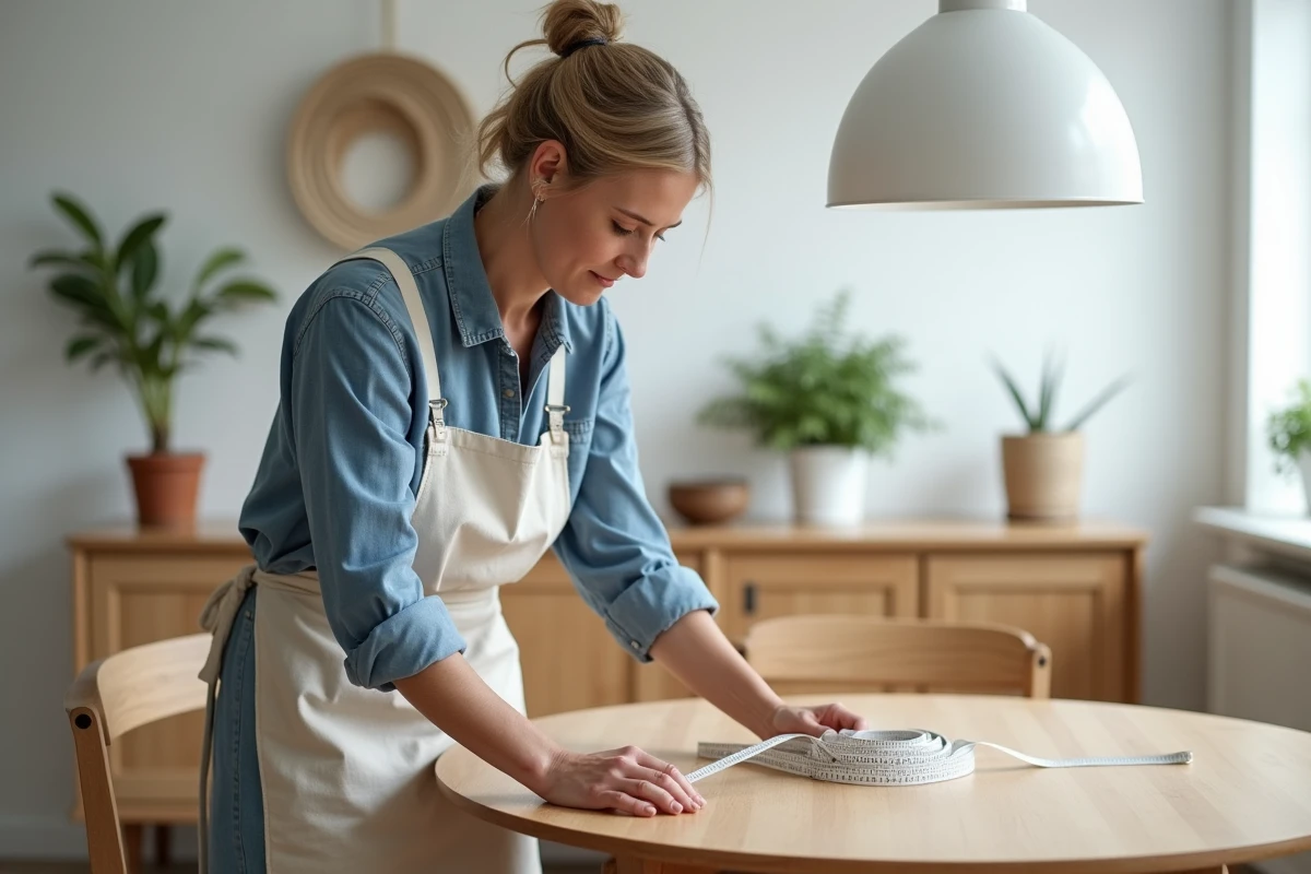 Femme prenant les mesures du diamètre d'une table ronde en bois avec un mètre ruban dans une salle à manger scandinave
