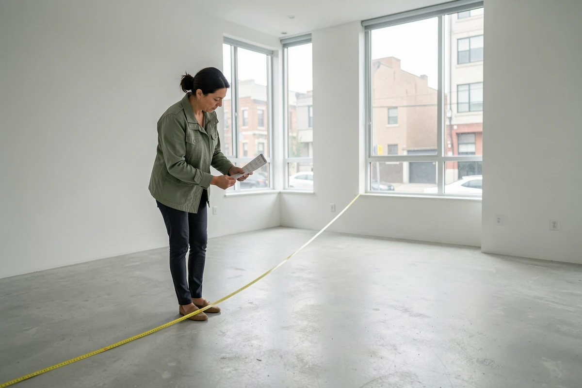 Femme mesurant la superficie d'un appartement vide avec un mètre ruban et un carnet de notes