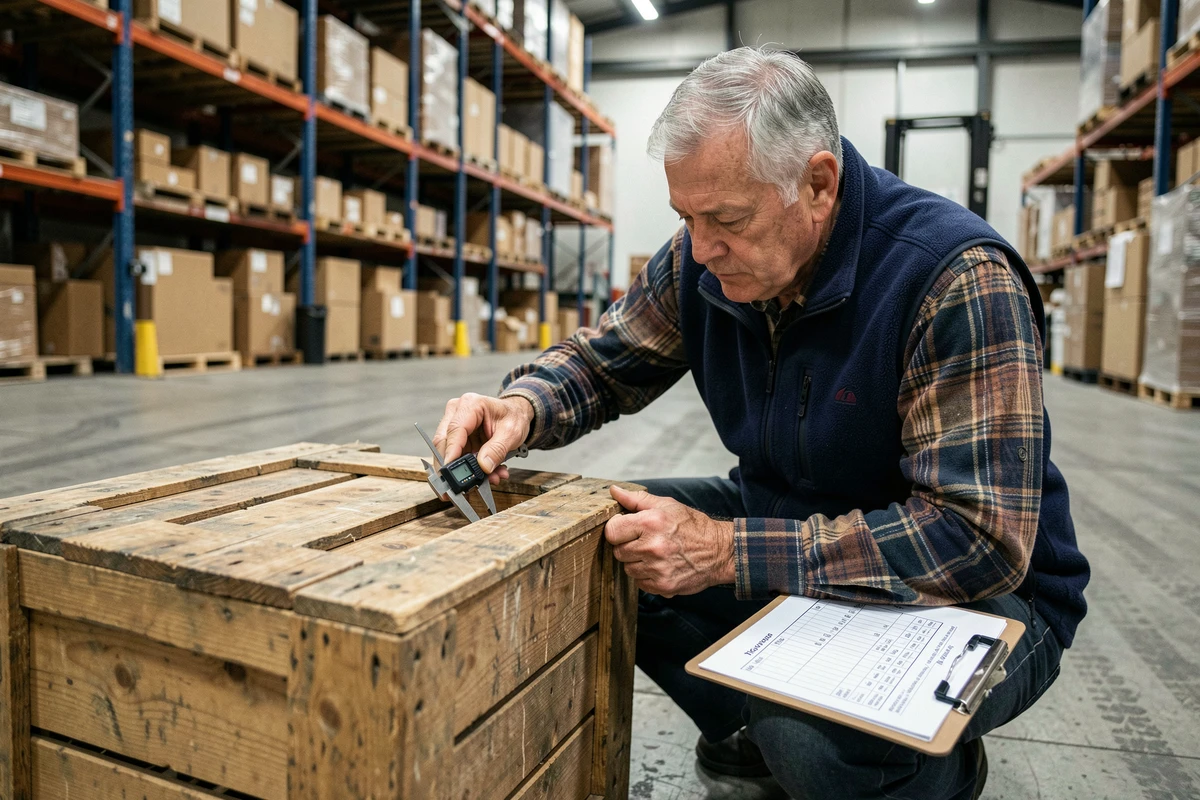 Homme mesurant le volume d'une caisse en bois dans un entrepôt avec un pied à coulisse et une fiche de calcul