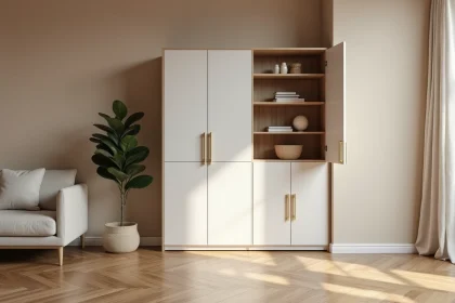 Meuble d'angle fermé en laque blanche dans un salon moderne avec parquet en chêne