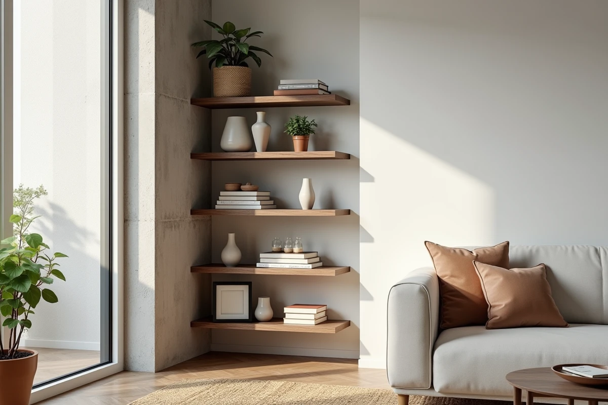 Étagère d'angle ouverte en noyer avec décoration scandinave et plantes vertes