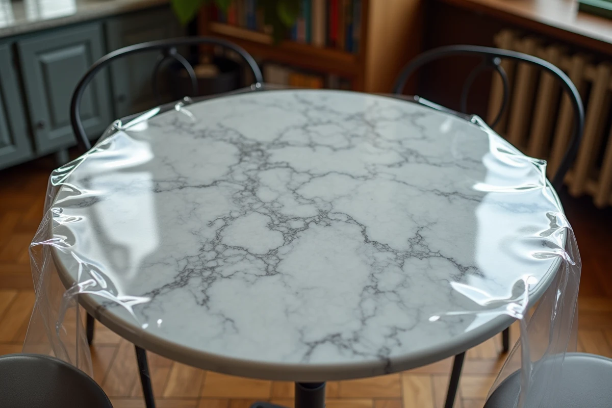 Nappe transparente sur mesure en PVC posée sur une table ronde en marbre dans un appartement parisien