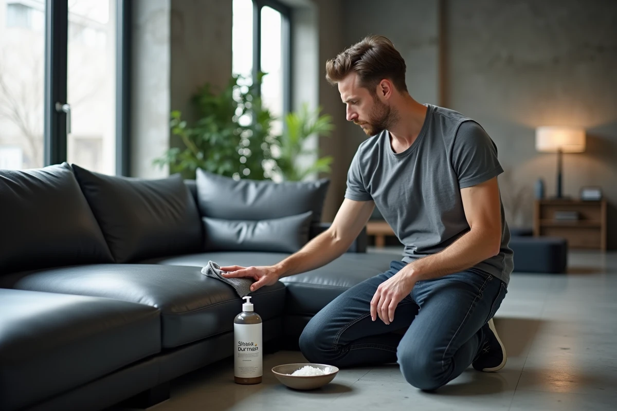 Homme nettoyant un canapé d'angle en cuir gris avec un produit POLILAR dans un salon contemporain au sol en béton