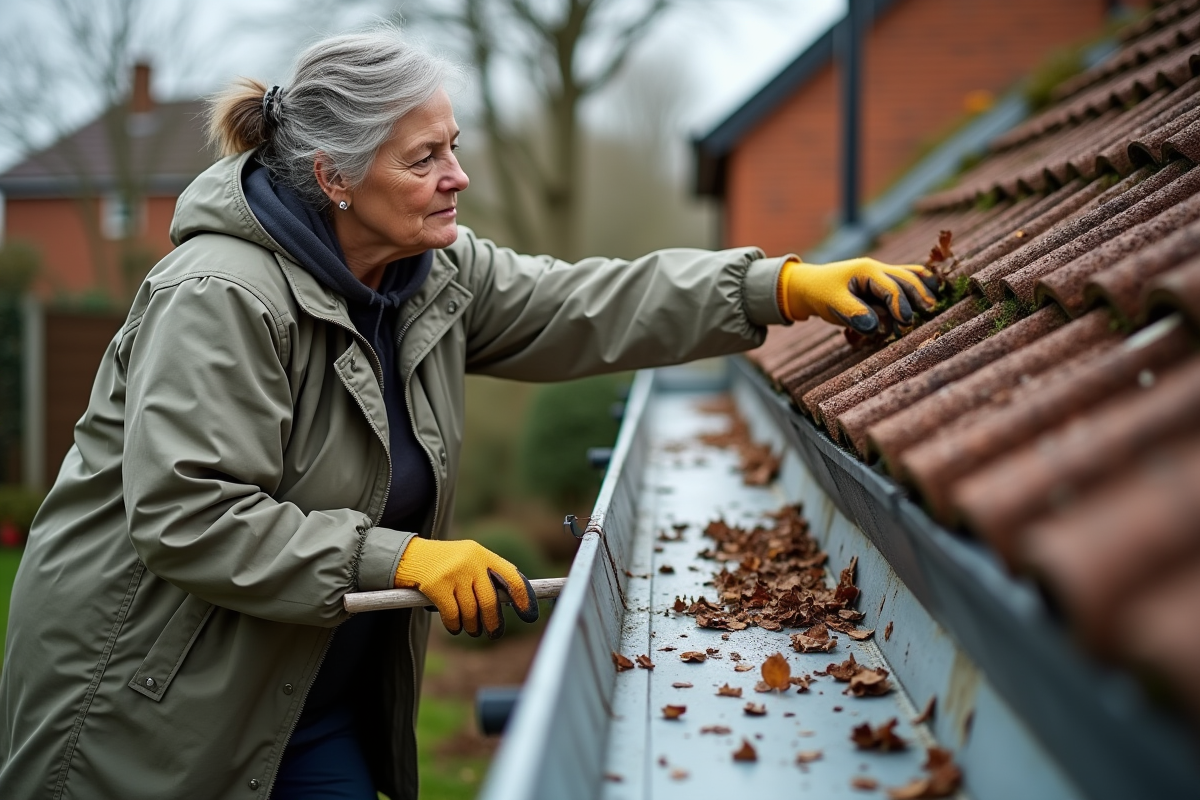 Femme nettoyant une gouttière zinc avec une brosse