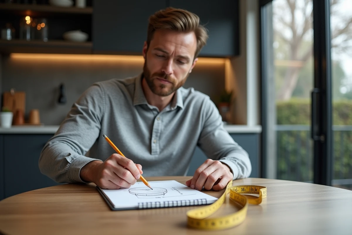 Homme notant les mesures d'une table ronde sur un carnet avec un mètre ruban pour commander une nappe sur mesure