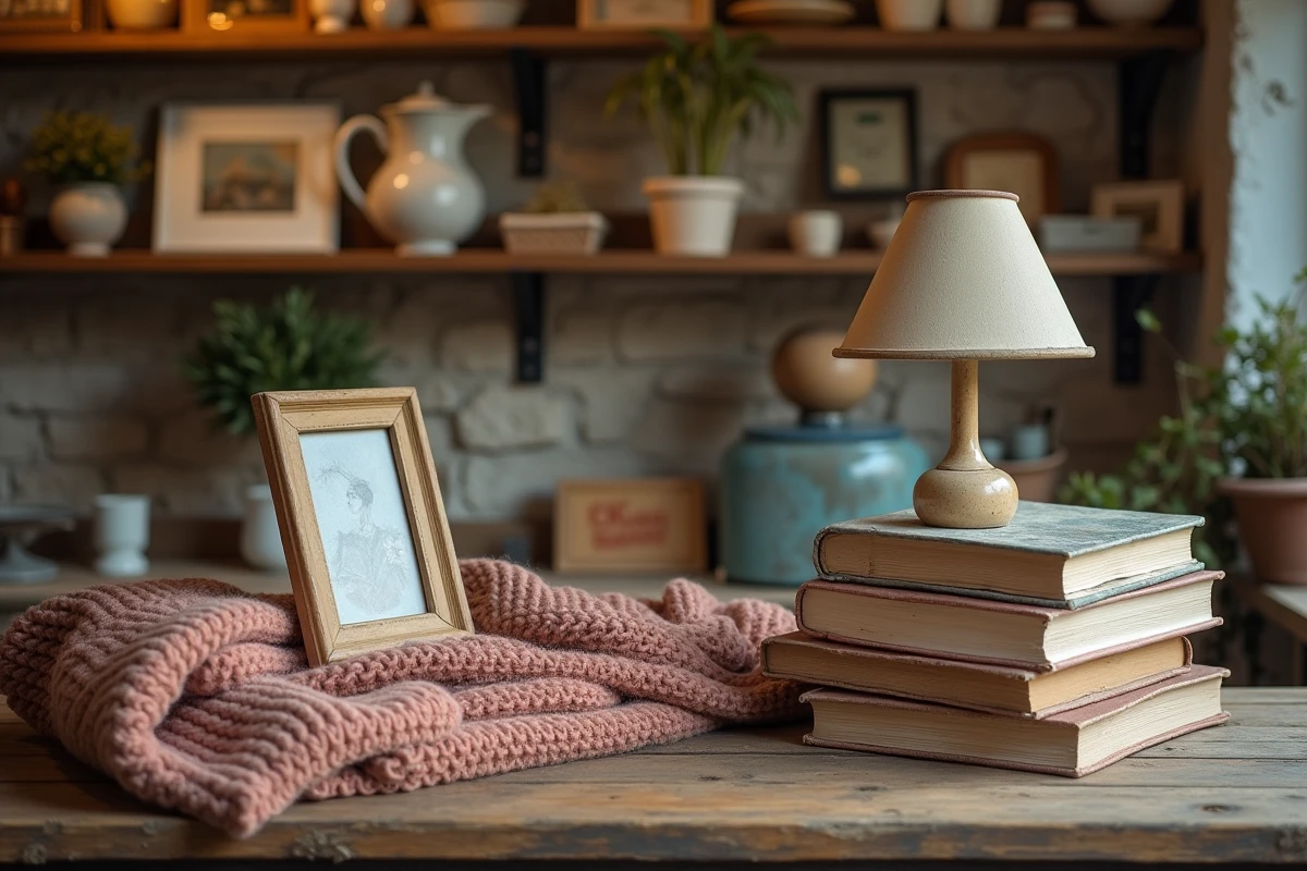 Objets d'occasion étiquetés à vendre dans un dépôt-vente à Caen, lampe vintage et livres anciens