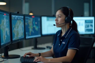 Opératrice de télésurveillance Verisure analysant une alerte sur ses écrans dans un centre de surveillance moderne