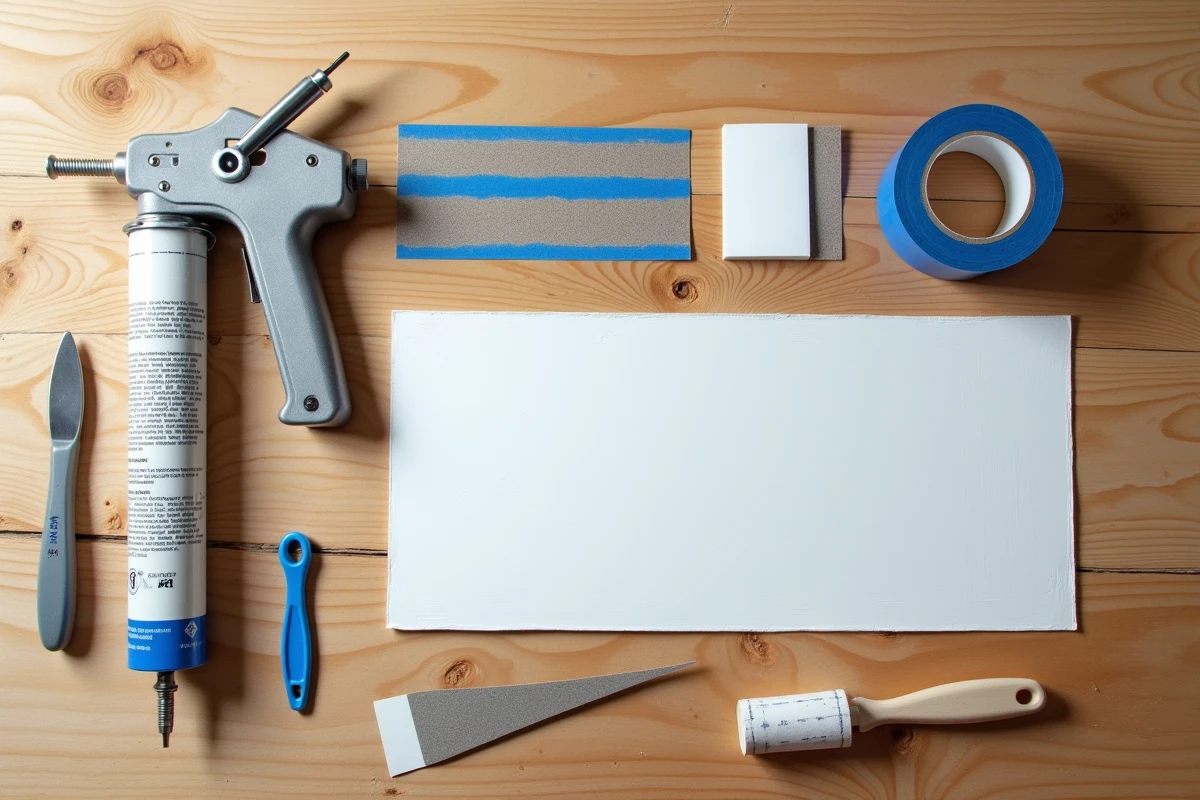 Vue de dessus des outils et matériaux pour joint acrylique posés sur un établi en bois, incluant pistolet, mastic, spatule et rouleau de peinture