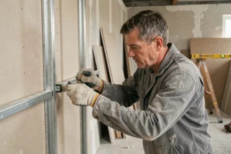 Ouvrier du bâtiment mesurant un montant en métal pour une cloison en placo lors de travaux de rénovation intérieure
