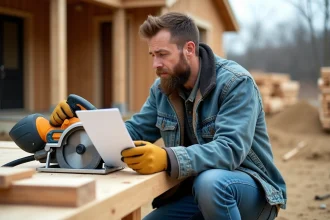Ouvrier vérifiant une liste de sécurité sur un chantier extérieur