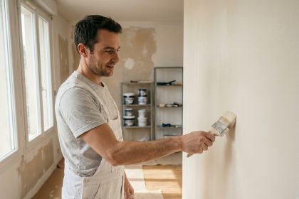 Peintre en bâtiment professionnel appliquant de la peinture sur un mur intérieur lors d'une rénovation à Rennes