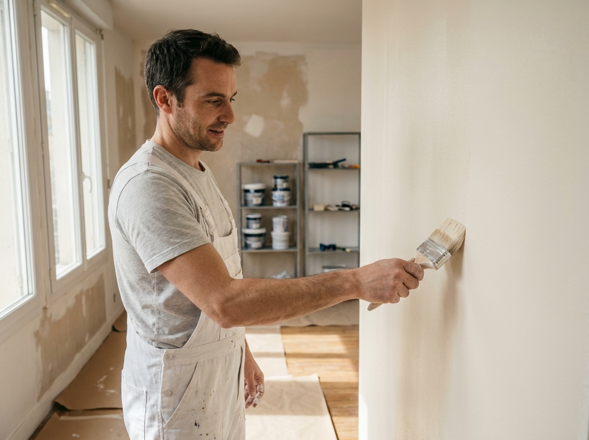 Peintre en bâtiment professionnel appliquant de la peinture sur un mur intérieur lors d'une rénovation à Rennes