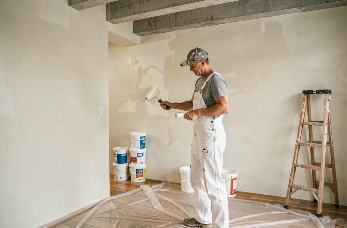 Peintre professionnel appliquant de la peinture blanche au rouleau dans une pièce en cours de rénovation avec des pots de peinture au sol