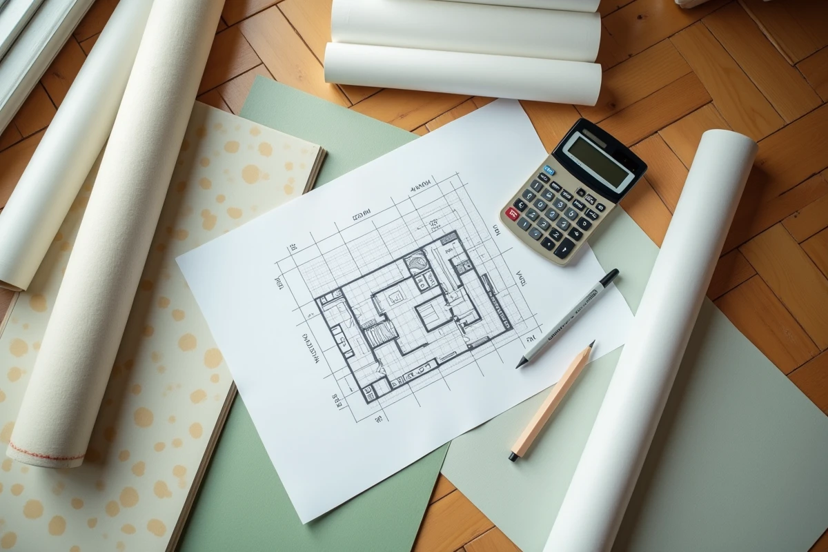 Vue de dessus d'un plan de pièce, d'une calculatrice et de rouleaux de papier peint pour calculer la quantité nécessaire pour 10m2