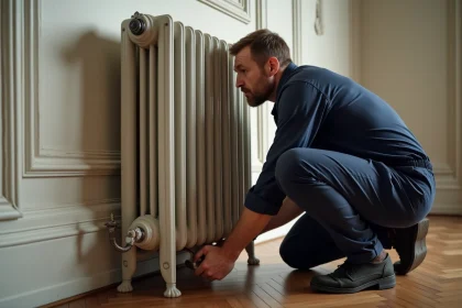 Plombier inspectant le pied d'un radiateur en fonte dans un appartement haussmannien rénové