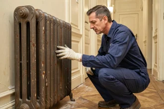 Plombier professionnel inspectant un radiateur en fonte d'occasion dans un appartement haussmannien en rénovation