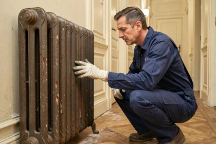 Plombier professionnel inspectant un radiateur en fonte d'occasion dans un appartement haussmannien en rénovation