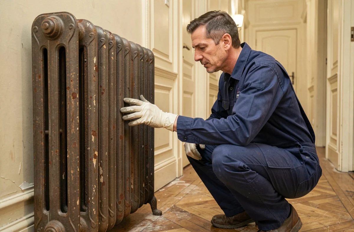 Plombier professionnel inspectant un radiateur en fonte d'occasion dans un appartement haussmannien en rénovation