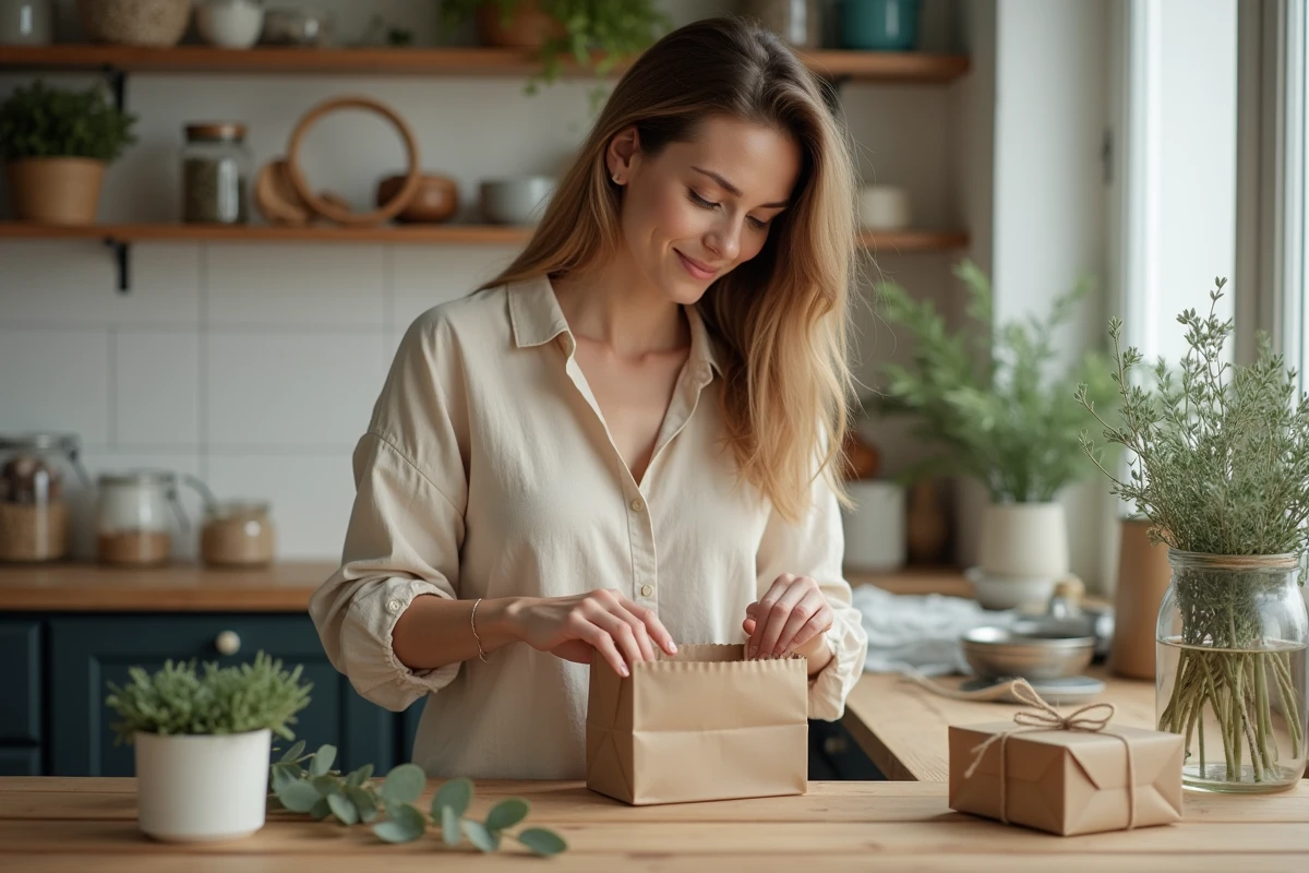 Femme pliant une pochette cadeau en papier kraft recyclé sur une table en bois avec décoration naturelle