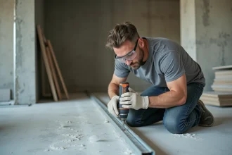 Ouvrier du bâtiment vissant un rail métallique au sol pour la pose d'une cloison demi-stil dans une pièce en chantier