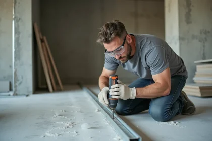Ouvrier du bâtiment vissant un rail métallique au sol pour la pose d'une cloison demi-stil dans une pièce en chantier