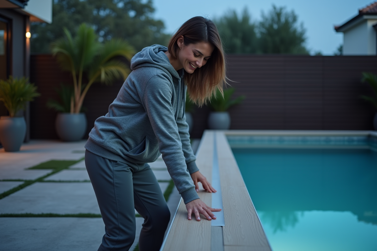 Femme en sweat gris ajuste des panneaux isolants au bord de la piscine la nuit
